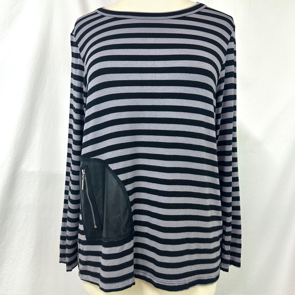 COMFY USA Gray Black Striped Long Sleeve Top XS Asymmetrical Pocket Lagenlook
